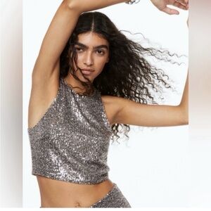 H&M Silver Sequin Sleeveless Crop Tank Top
